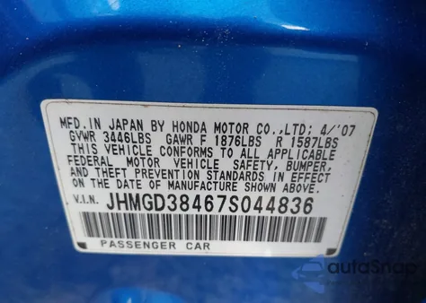 2007 Honda Fit from USA, damaged, VIN JHMGD38467S044836